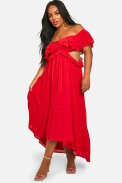 Skater Dresses*boohoo Plus Ruffle Cold Shoulder Maxi Dress red