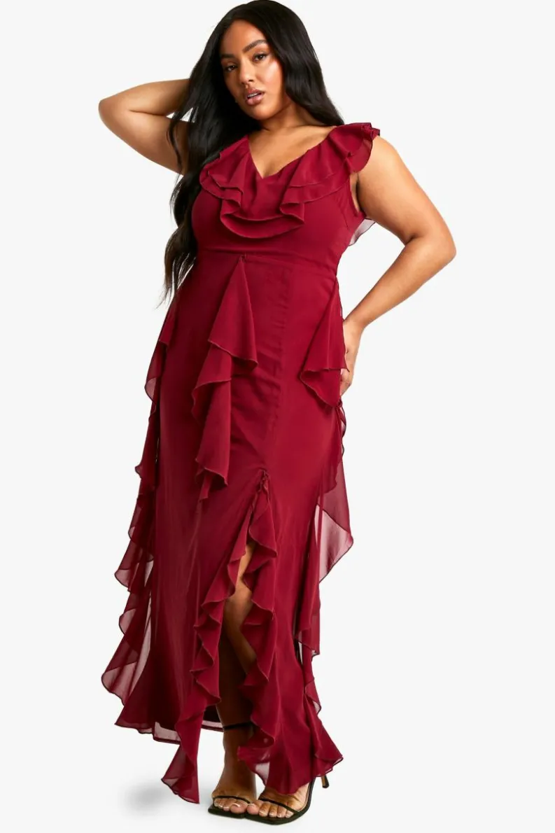 Skater Dresses|Maxi Dresses*boohoo Plus Ruffle Detail Maxi Dress plum