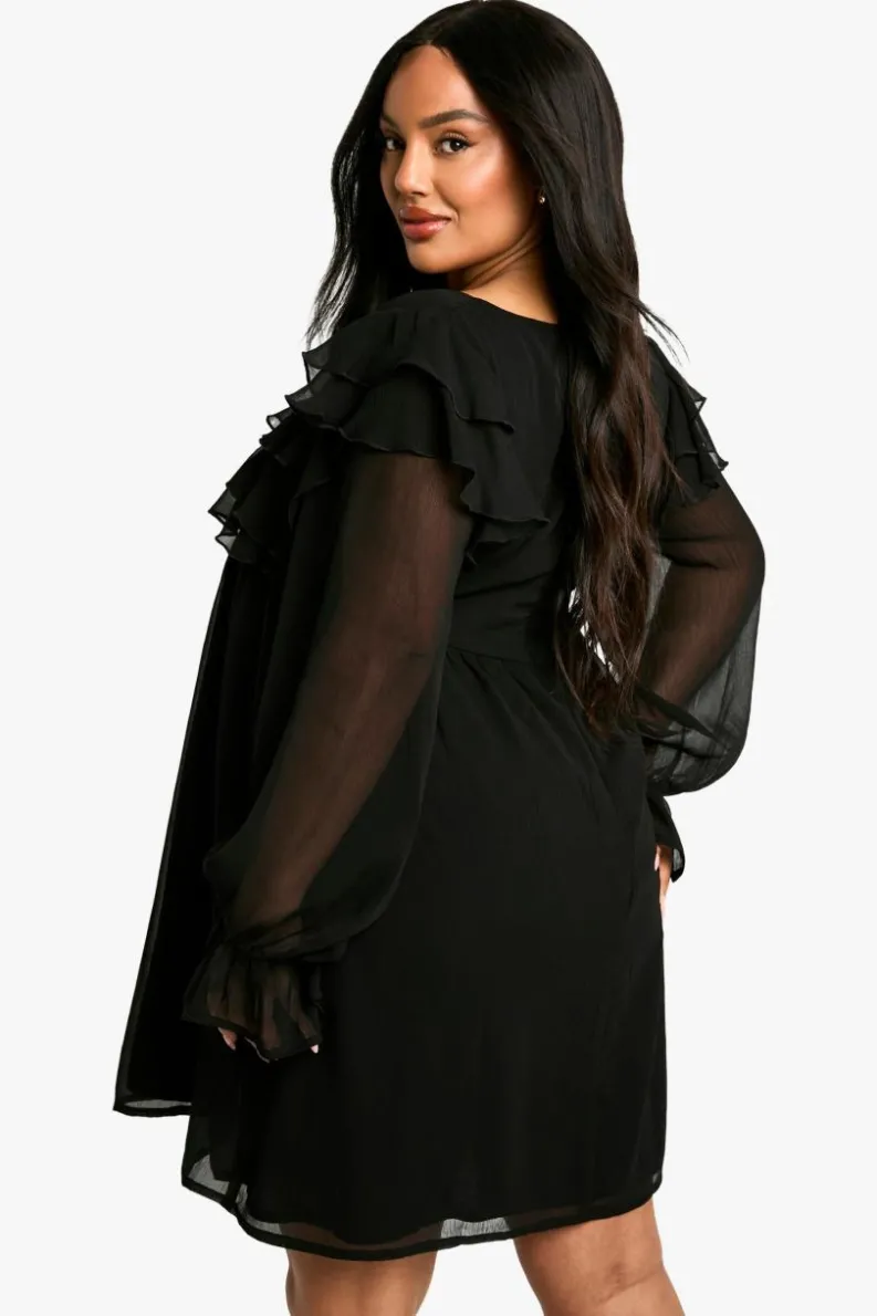 Smock Dresses|Mini Dresses*boohoo Plus Ruffle Smock Mini Dress black