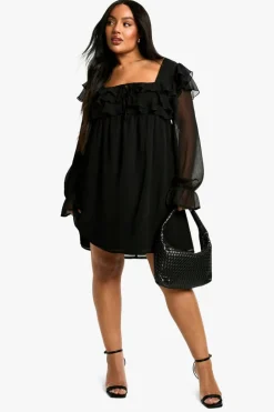 Smock Dresses|Mini Dresses*boohoo Plus Ruffle Smock Mini Dress black