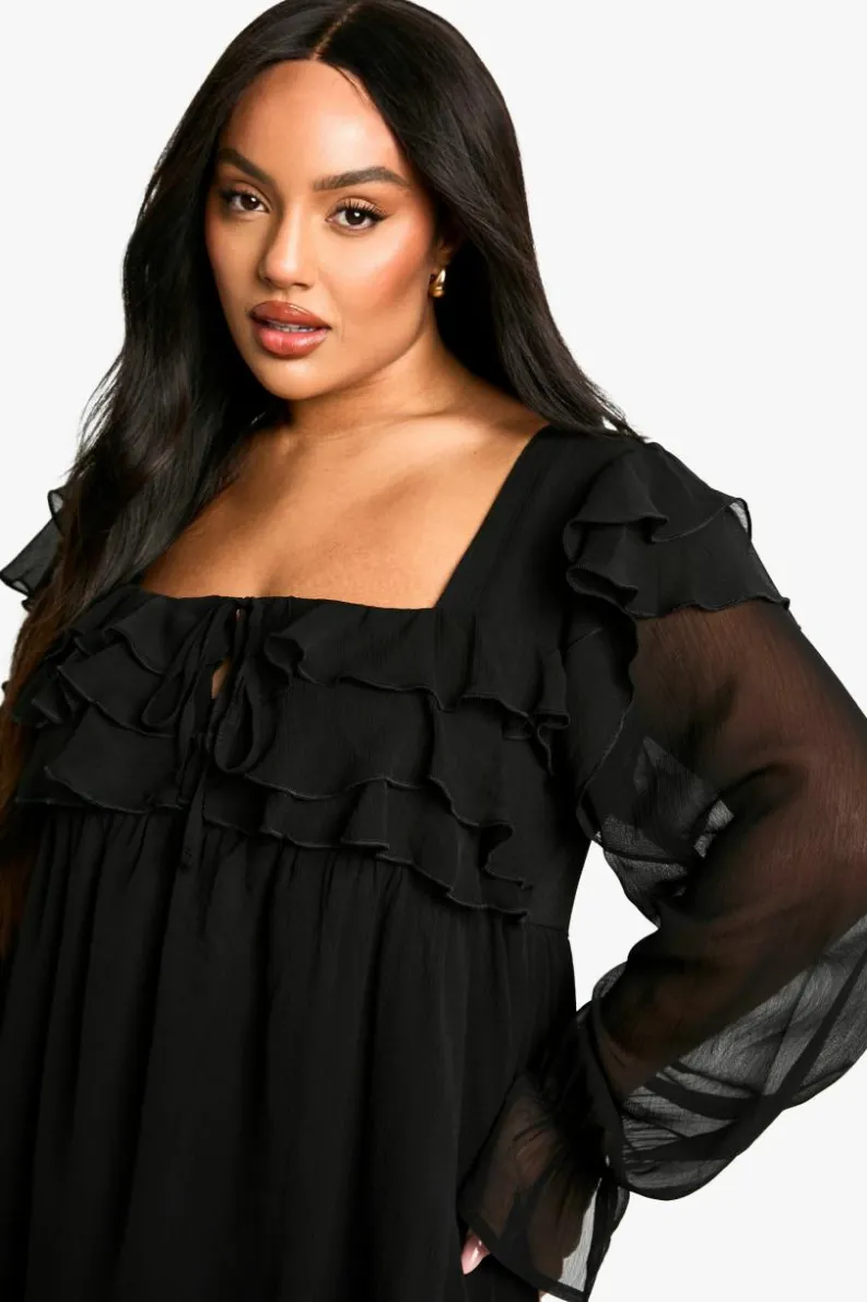Smock Dresses|Mini Dresses*boohoo Plus Ruffle Smock Mini Dress black