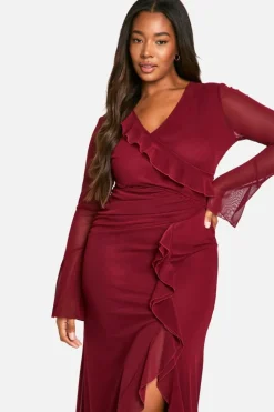 Smock Dresses|Wrap Dresses*boohoo Plus Ruffle Wrap Detail Maxi Dress cherry