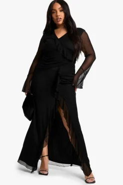 Wrap Dresses|Maxi Dresses*boohoo Plus Ruffle Wrap Detail Maxi Dress black