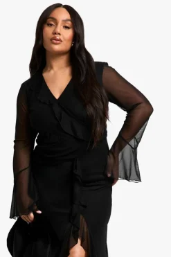 Wrap Dresses|Maxi Dresses*boohoo Plus Ruffle Wrap Detail Maxi Dress black