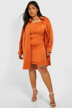 Shirt Dresses*boohoo Plus Satin 2 In 1 Shirt & Satin Slip Dress rust