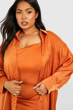 Shirt Dresses*boohoo Plus Satin 2 In 1 Shirt & Satin Slip Dress rust