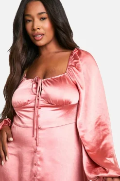 Skater Dresses*boohoo Plus Satin Balloon Sleeve Milkmaid Mini Skater Dress rose