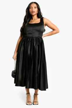 Skater Dresses*boohoo Plus Satin Bodice Midaxi Skater Dress black