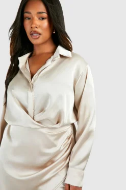 Shirt Dresses|Wrap Dresses*boohoo Plus Satin Collar Shirt Wrap Dress champagne