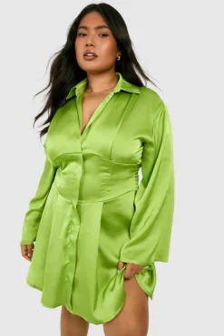 Shirt Dresses*boohoo Plus Satin Corset Detail Flared Sleeve Shirt Dress chartreuse