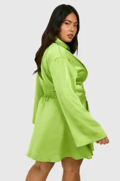 Shirt Dresses*boohoo Plus Satin Corset Detail Flared Sleeve Shirt Dress chartreuse