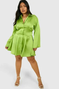Shirt Dresses*boohoo Plus Satin Corset Detail Flared Sleeve Shirt Dress chartreuse