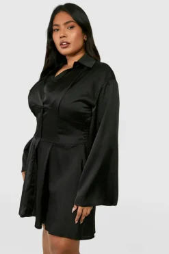 Shirt Dresses*boohoo Plus Satin Corset Detail Flared Sleeve Shirt Dress black