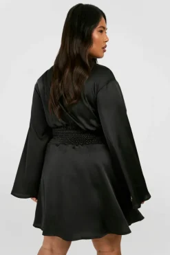 Shirt Dresses*boohoo Plus Satin Corset Detail Flared Sleeve Shirt Dress black