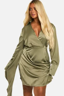 Wrap Dresses*boohoo Plus Satin Drape Wrap Dress khaki