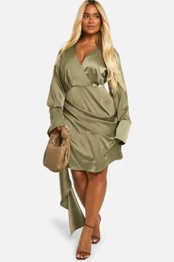 Wrap Dresses*boohoo Plus Satin Drape Wrap Dress khaki
