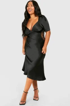 Midi Dresses*boohoo Plus Satin Lace Detail Midi Dress black