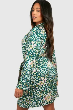 Shirt Dresses|Wrap Dresses*boohoo Plus Satin Print Drape Wrap Shirt Dress leopard