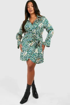 Shirt Dresses|Wrap Dresses*boohoo Plus Satin Print Drape Wrap Shirt Dress leopard