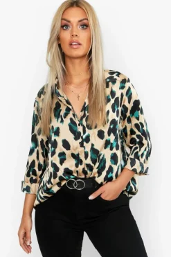 Long Sleeve Tops|Shirts & Blouses*boohoo Plus Satin Leopard Shirt black