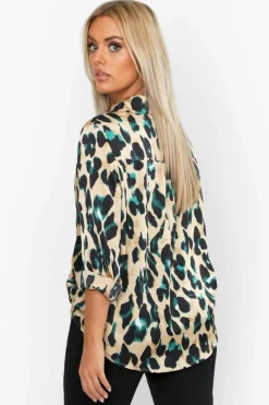 Long Sleeve Tops|Shirts & Blouses*boohoo Plus Satin Leopard Shirt black