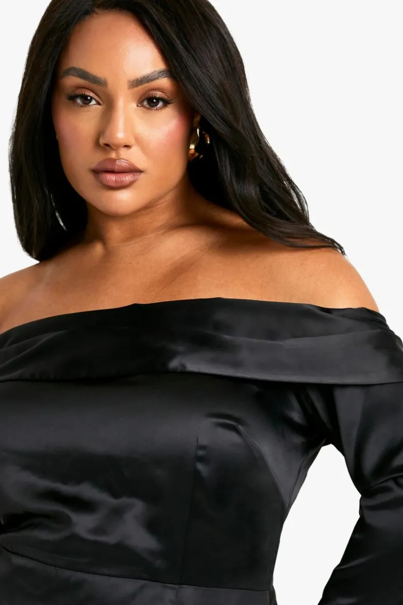 Skater Dresses*boohoo Plus Satin Off The Shoulder Dress black