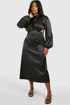 Bodycon Dresses*boohoo Plus Satin Puff Sleeve Tie Back Midaxi Dress black