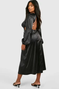 Bodycon Dresses*boohoo Plus Satin Puff Sleeve Tie Back Midaxi Dress black