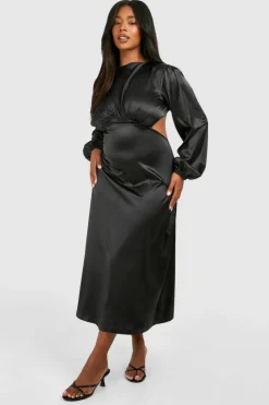 Bodycon Dresses*boohoo Plus Satin Puff Sleeve Tie Back Midaxi Dress black