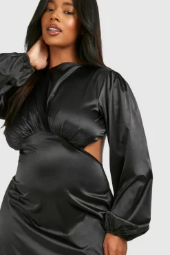 Bodycon Dresses*boohoo Plus Satin Puff Sleeve Tie Back Midaxi Dress black