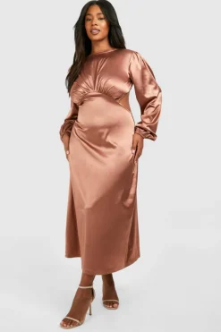 Bodycon Dresses*boohoo Plus Satin Puff Sleeve Tie Back Midaxi Dress brown