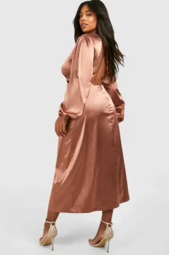 Bodycon Dresses*boohoo Plus Satin Puff Sleeve Tie Back Midaxi Dress brown