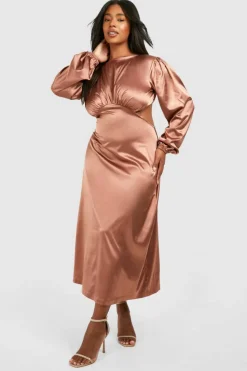 Bodycon Dresses*boohoo Plus Satin Puff Sleeve Tie Back Midaxi Dress brown