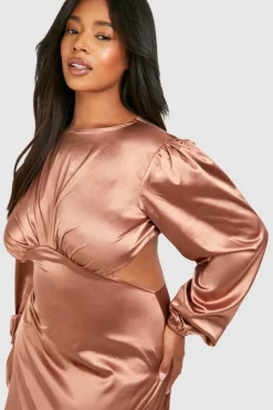 Bodycon Dresses*boohoo Plus Satin Puff Sleeve Tie Back Midaxi Dress brown