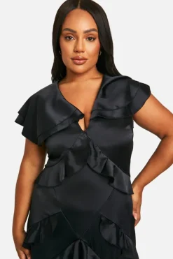 Maxi Dresses*boohoo Plus Satin Ruffle Maxi Dress black