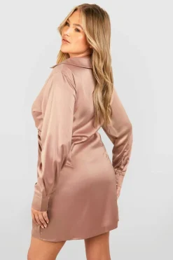 Shirt Dresses|Wrap Dresses*boohoo Plus Satin Shirt Wrap Dress champagne