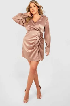 Shirt Dresses|Wrap Dresses*boohoo Plus Satin Shirt Wrap Dress champagne