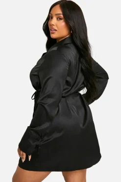 Shirt Dresses|Wrap Dresses*boohoo Plus Satin Tie Wrap Shirt Dress black
