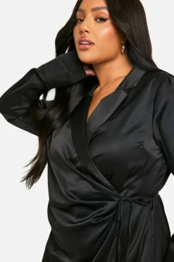 Shirt Dresses|Wrap Dresses*boohoo Plus Satin Tie Wrap Shirt Dress black
