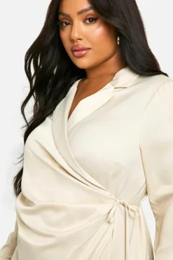 Wrap Dresses|Shirt Dresses*boohoo Plus Satin Tie Wrap Shirt Dress stone