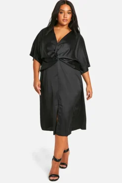 Midi Dresses*boohoo Plus Satin Twist Front Angel Sleeve Midi Dress black