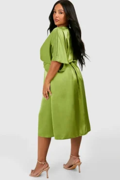 Midi Dresses*boohoo Plus Satin Twist Front Angel Sleeve Midi Dress light khaki