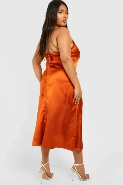 Midi Dresses*boohoo Plus Satin V Neck Split Midi Dress burnt orange