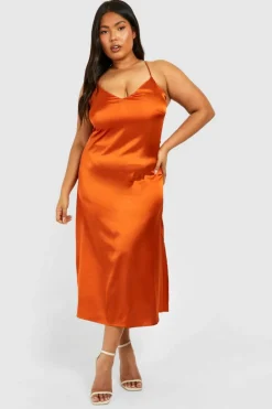 Midi Dresses*boohoo Plus Satin V Neck Split Midi Dress burnt orange