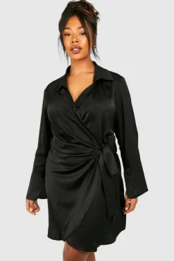 Shirt Dresses|Wrap Dresses*boohoo Plus Satin Wrap Shirt Dress black