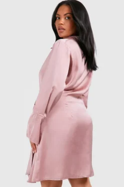 Shirt Dresses|Wrap Dresses*boohoo Plus Satin Wrap Shirt Dress dusky pink