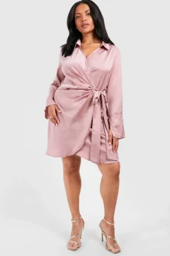 Shirt Dresses|Wrap Dresses*boohoo Plus Satin Wrap Shirt Dress dusky pink