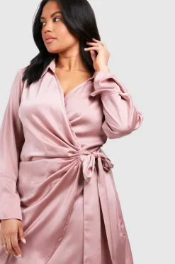 Shirt Dresses|Wrap Dresses*boohoo Plus Satin Wrap Shirt Dress dusky pink