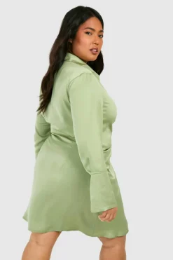 Shirt Dresses|Wrap Dresses*boohoo Plus Satin Wrap Shirt Dress sage