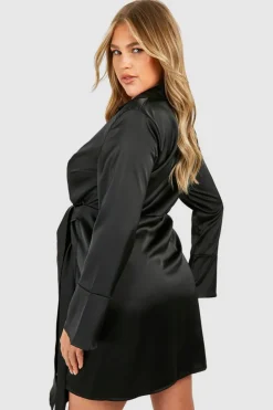 Wrap Dresses*boohoo Plus Satin Wrap Tie Belt Dress black